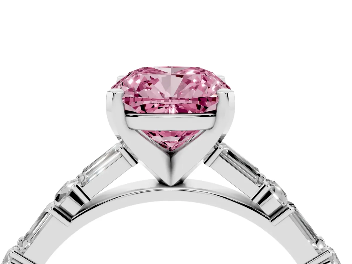 Fancy Pink Cushion Cut Diamond Solitaire with Side Baguettes and Channel Set Band Silver