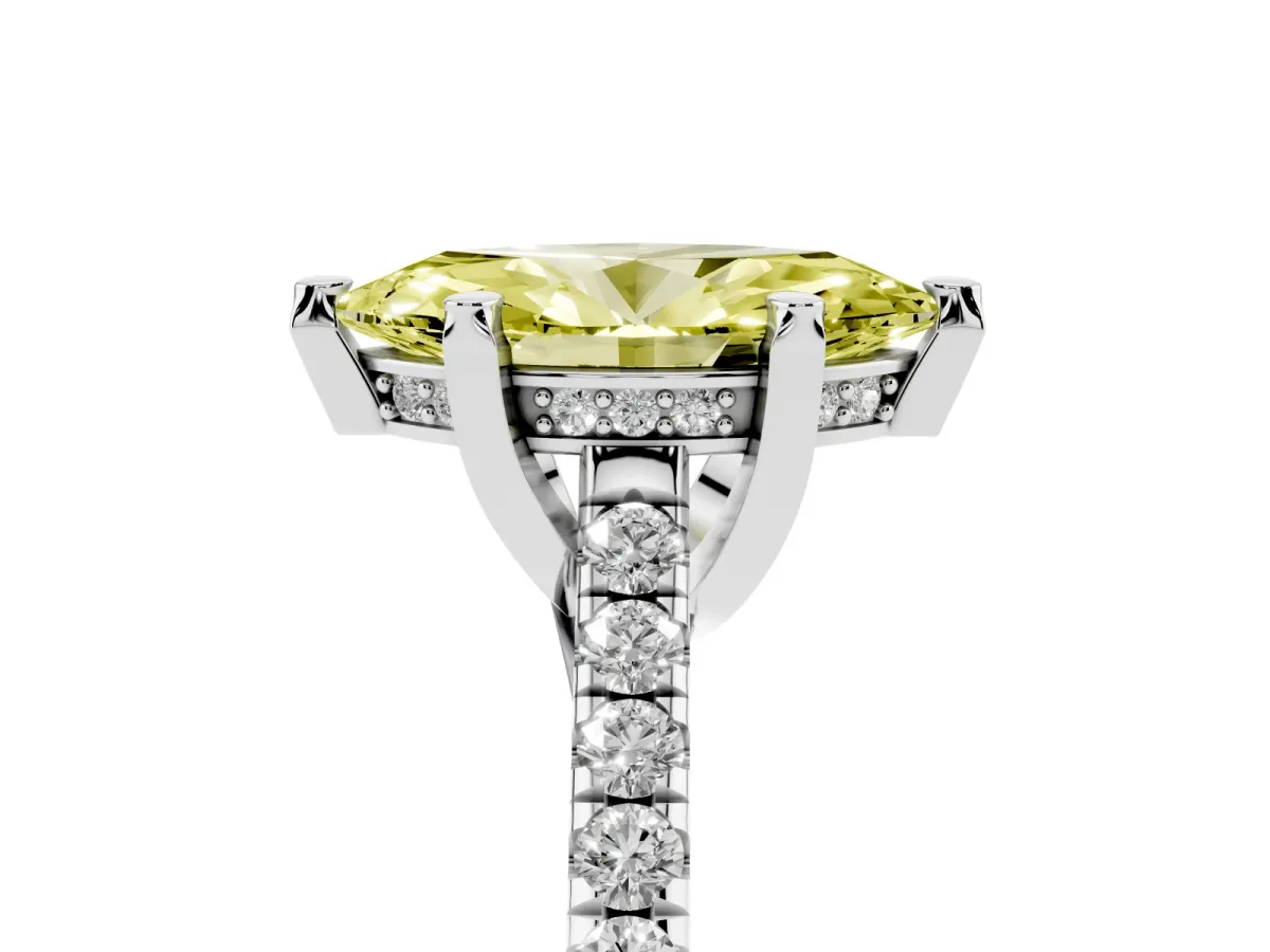 Fancy Yellow Marquise Cut Brilliant Diamond Solitaire with Pavé Band and Four-Prong Setting Silver