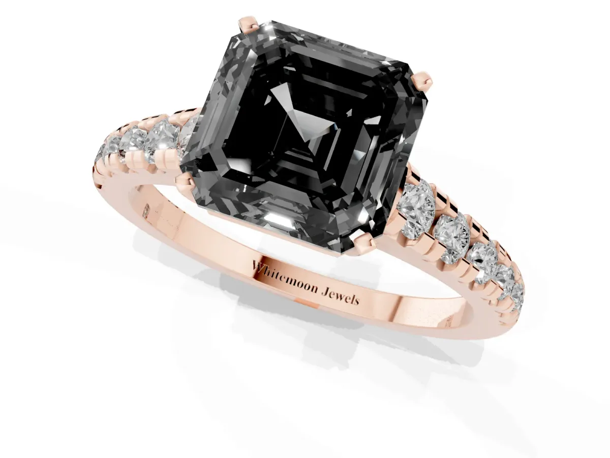 Fancy Black Asscher Cut Diamond Cathedral Solitaire Ring with Round Pavé Band Rose gold
