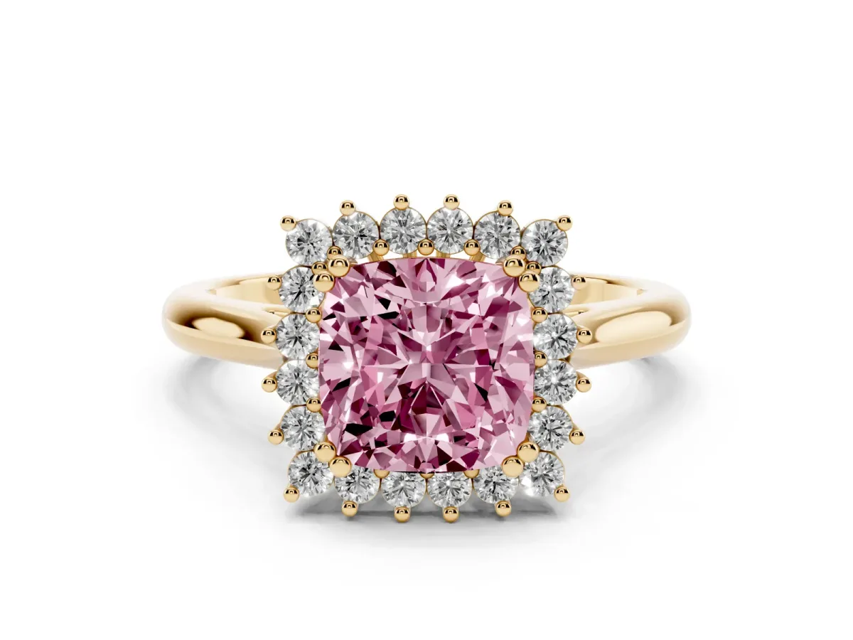 Fancy Pink Cushion Cut Cut Diamond Halo Ring with Solitaire Band and Prong Setting Yellow gold