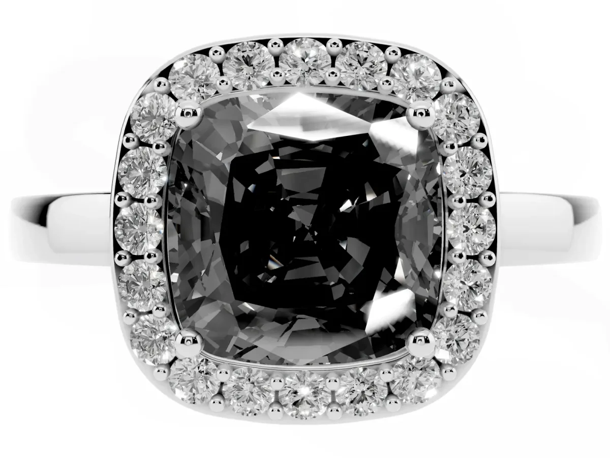 Fancy Black Cushion Cut Halo Diamond Ring with Solitaire Band and Prong Setting Platinum