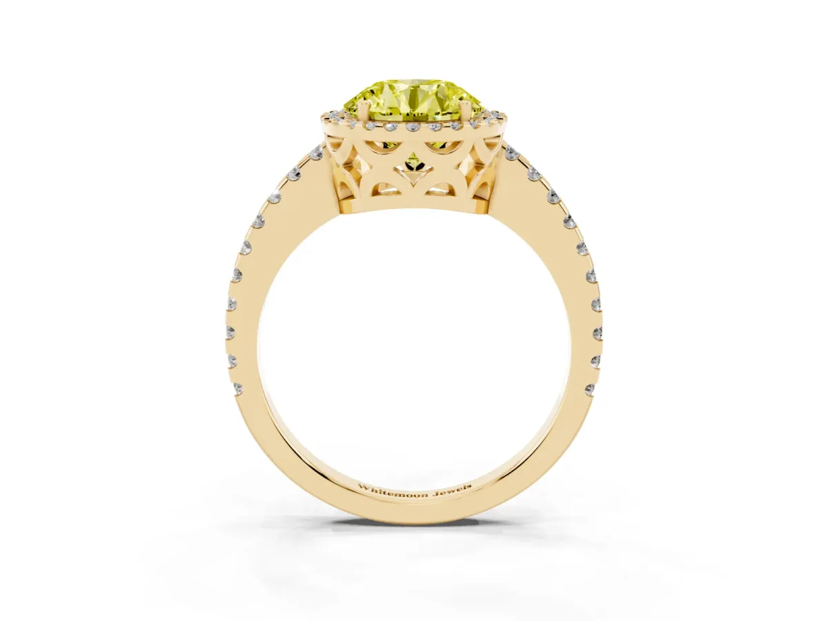 Fancy Yellow Round Cut Diamond Halo Engagement Ring with Pavé Band and Prong Setting Yellow gold