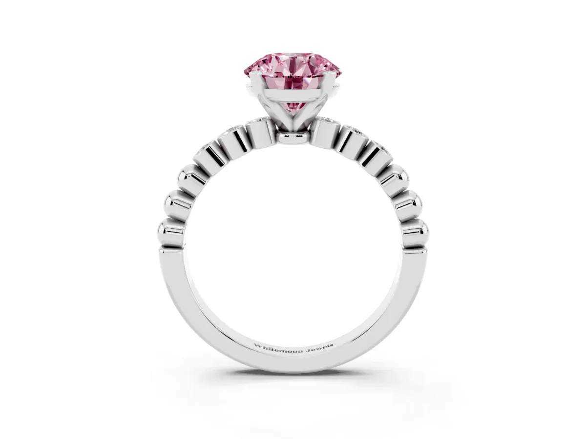 Fancy Pink Round Cut Solitaire Bezel Accent Diamond Engagement Ring with Beaded Band and Four-Prong Setting Platinum