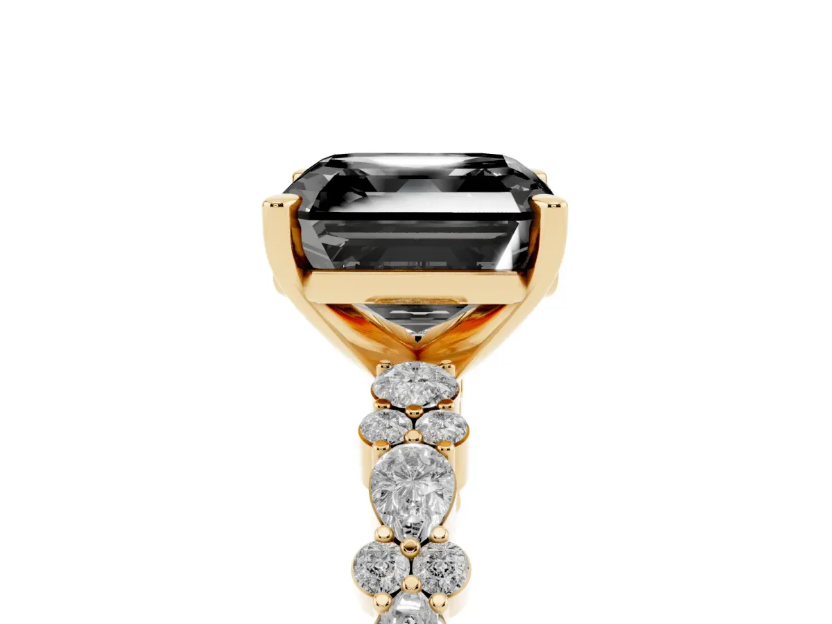 Fancy Black Asscher Cut Diamond Side Stone Solitaire Ring with Round and Four-Prong Setting Yellow gold