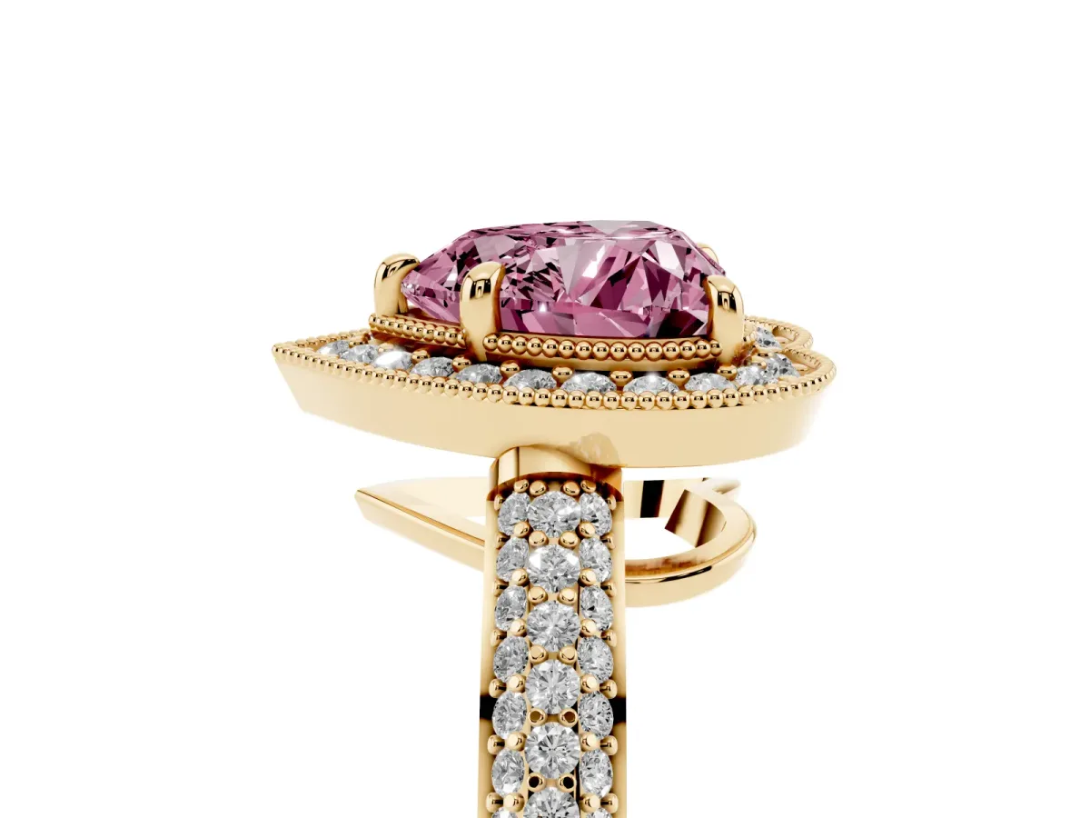 Fancy Pink Heart Cut Cut Halo Diamond Pave Band with Four-Prong Setting Yellow gold