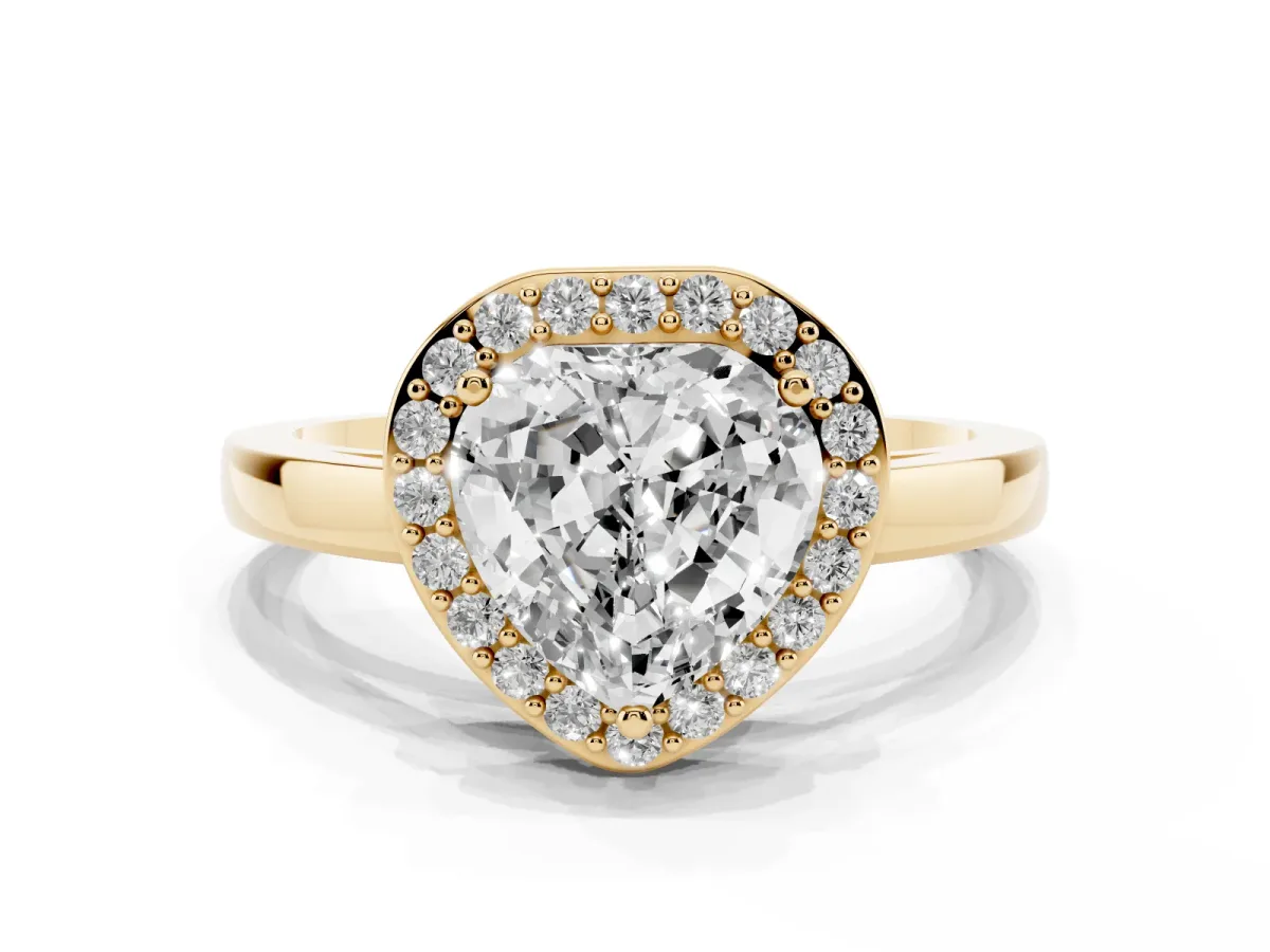 Heart Cut Halo Diamond Ring with Solitaire Band and Prong Setting Yellow gold