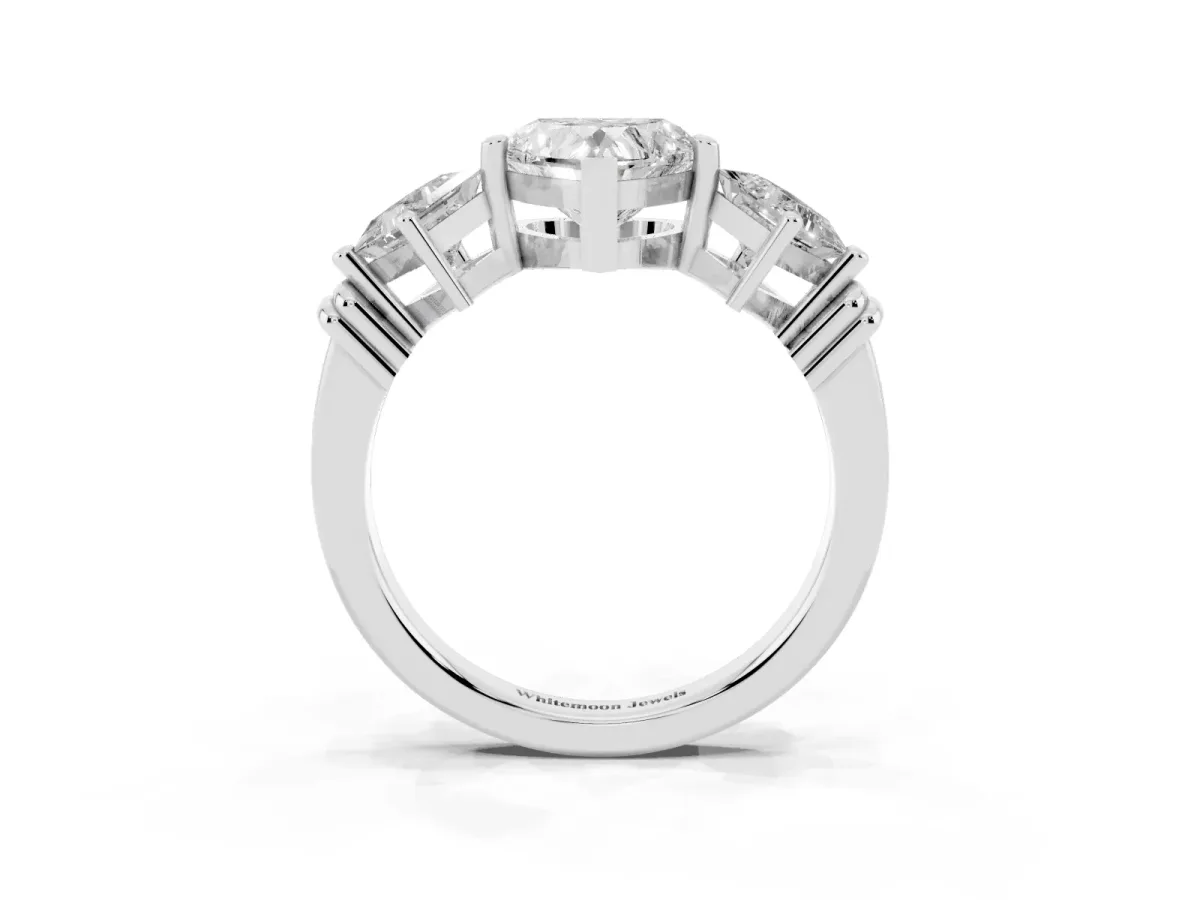 Three-Stone Heart Cut and Princess Cut Diamond Ring with Channel Band and Four-Prong Setting White gold