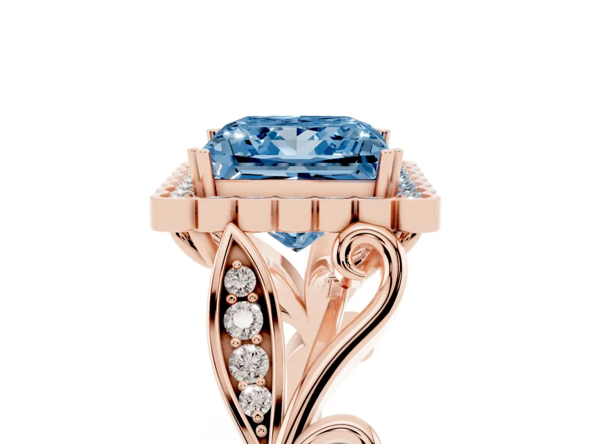 Fancy Blue Princess Cut Diamond Halo Ring with Vintage Split Shank and Four-Prong Setting Rose gold