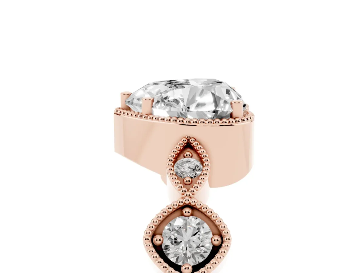 Heart Cut Diamond Vintage Milgrain Ring with Round Stations Rose gold