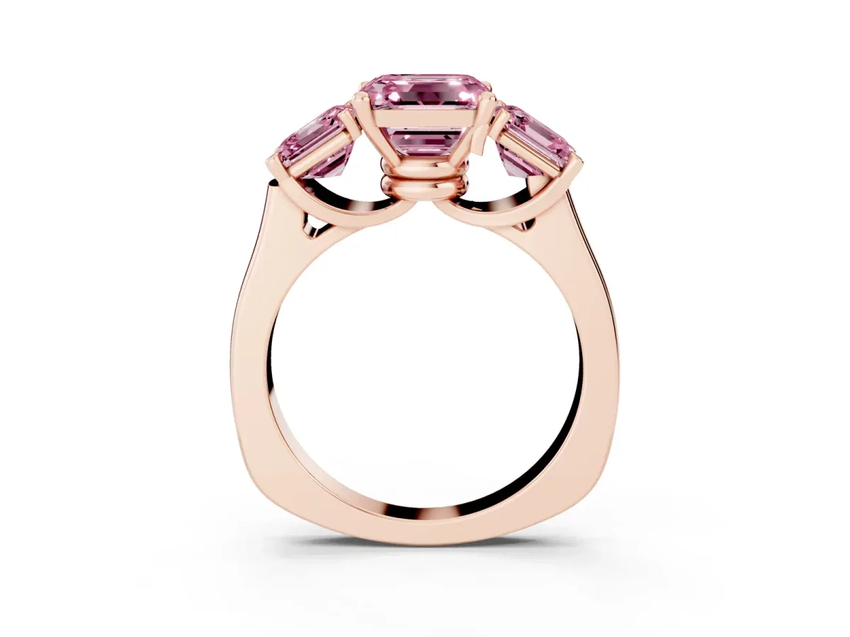 Fancy Pink Three-Stone Asscher Cut Brilliant Diamond Trellis Ring with Comfort Fit Band Rose gold