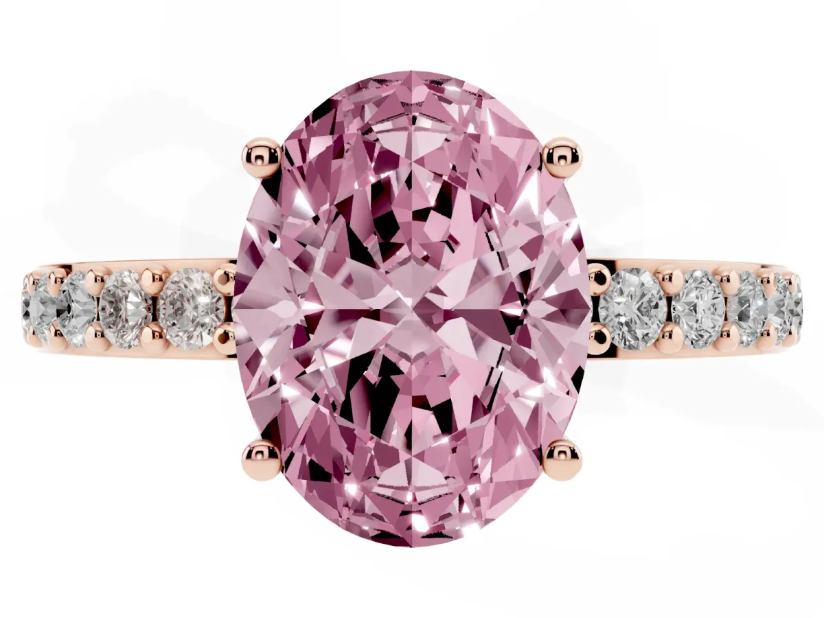 Fancy Pink Oval Cut Cut Diamond Solitaire with Pave Band and Four-Prong Setting Rose gold