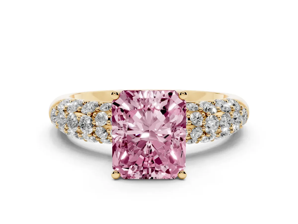 Fancy Pink Radiant Cut Diamond Pavé Band Solitaire Ring with Four-Prong Setting Yellow gold