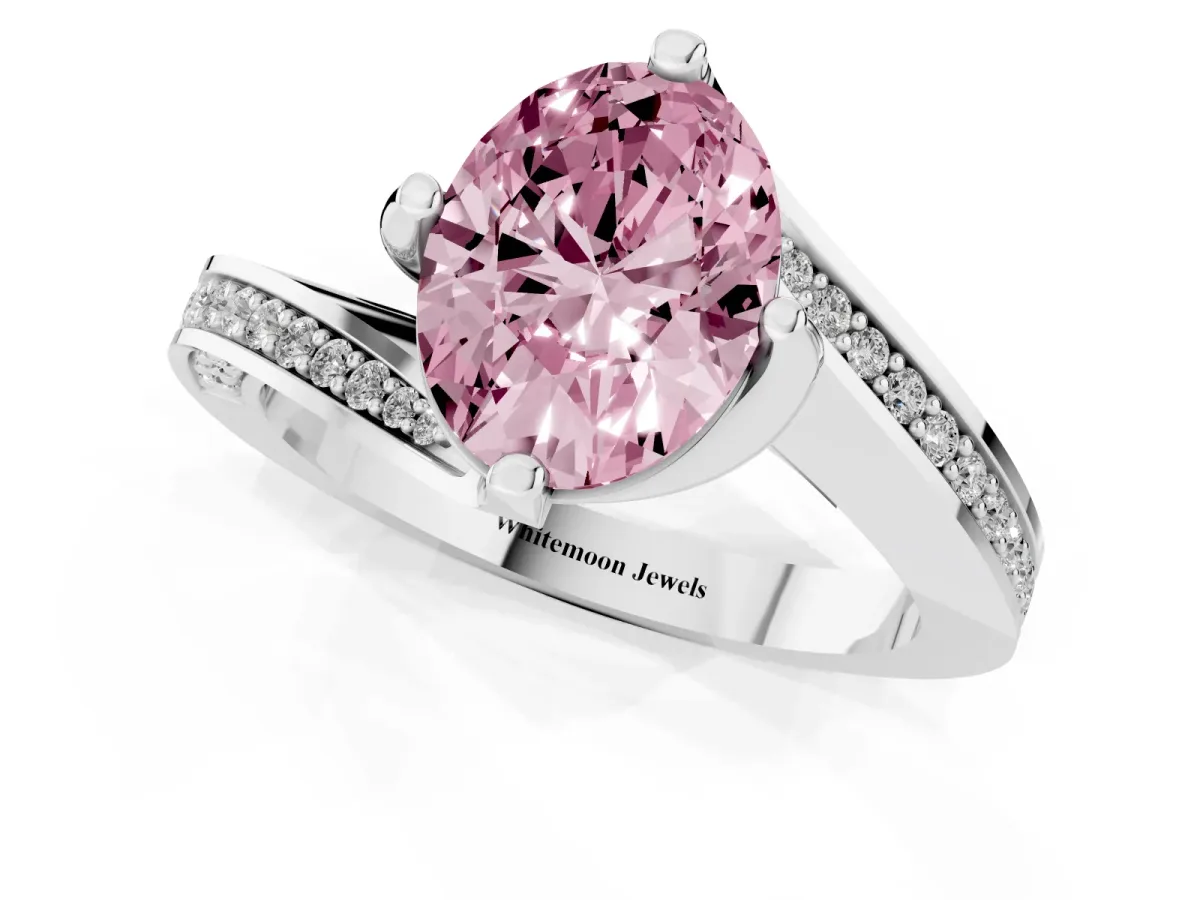 Fancy Pink Oval Cut Solitaire Diamond Twist Band with Pavé Setting and Four-Prong Setting Silver