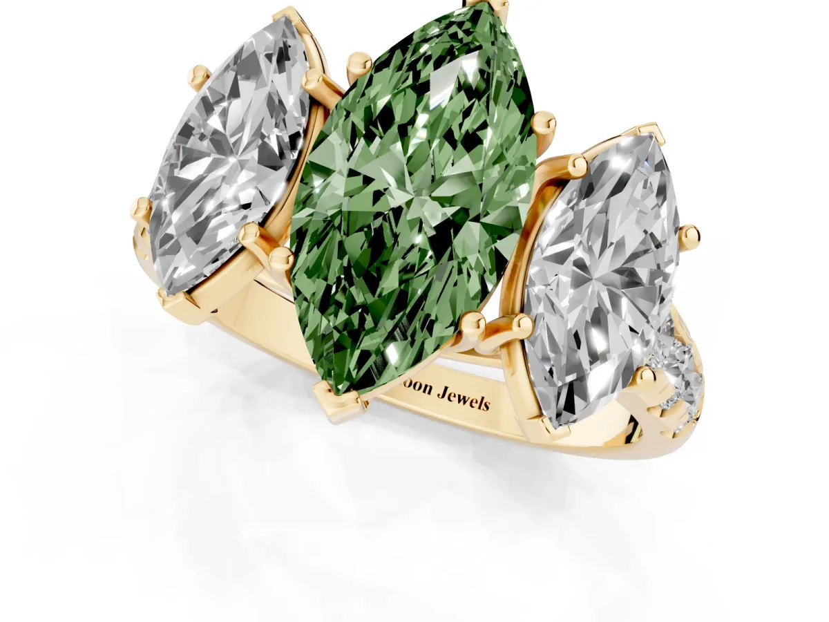 Fancy Green Three-Stone Marquise Cut Diamond Pavé Band with Prong Setting Yellow gold