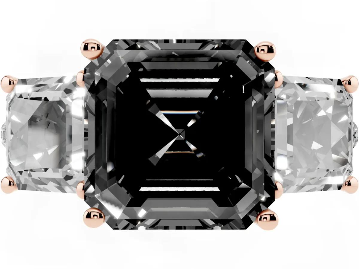 Fancy Black Three-Stone Asscher Cut Diamond Ring with Round Pavé Band and Prong Setting Rose gold