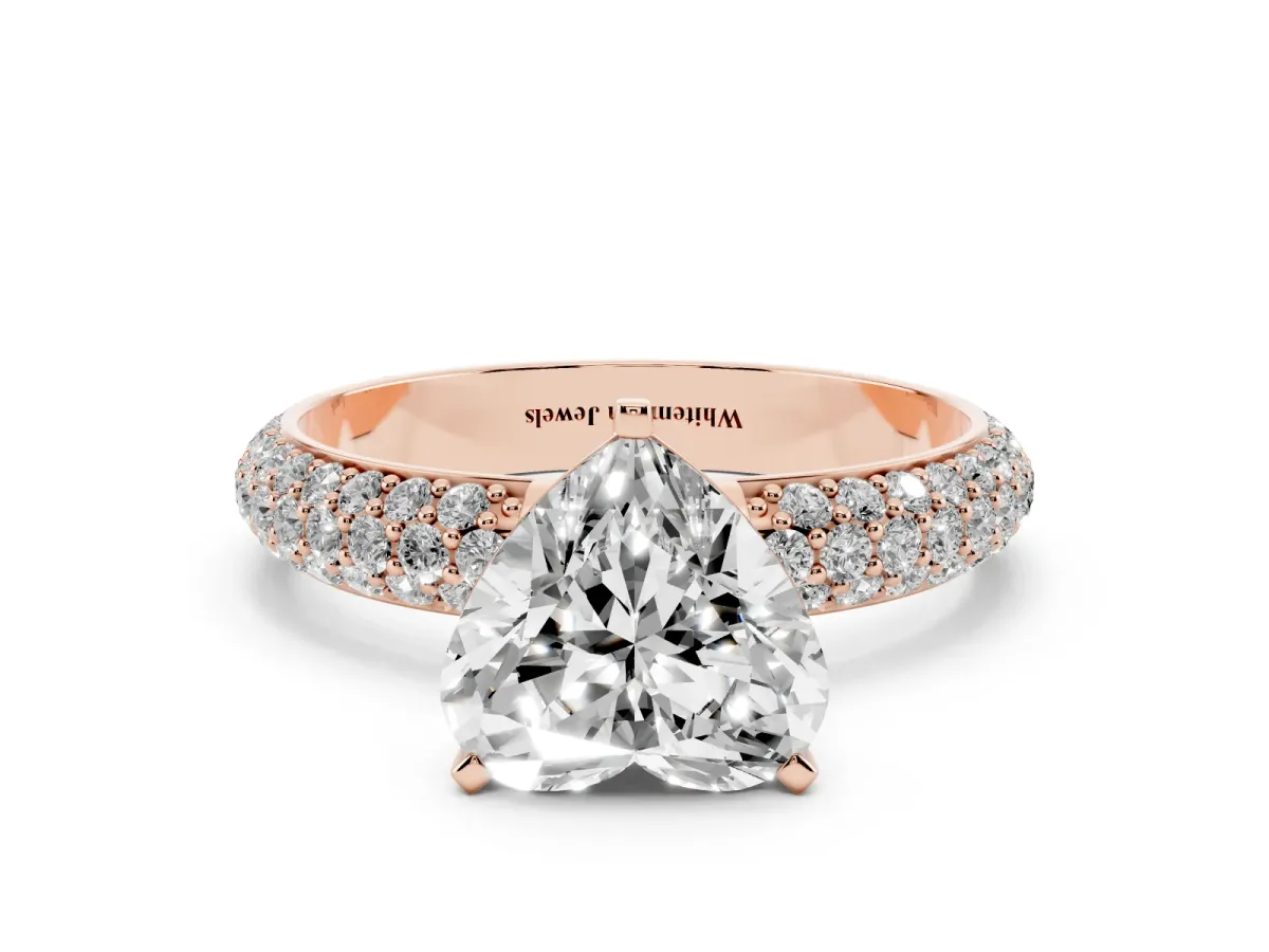 Heart Cut Diamond Solitaire Ring with Prong Setting and Pavé Band Rose gold