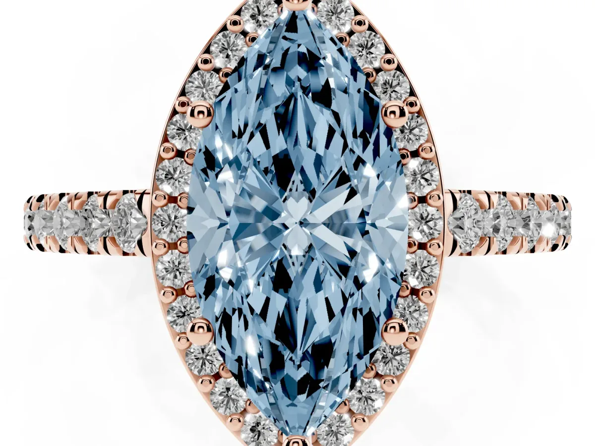 Fancy Blue Marquise Cut Cut Halo Diamond Engagement Ring with Pave Band and Four-Prong Setting Rose gold