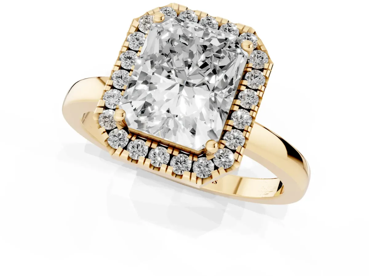 Radiant Cut Halo Diamond Solitaire with Pavé Band and Four-Prong Setting Yellow gold