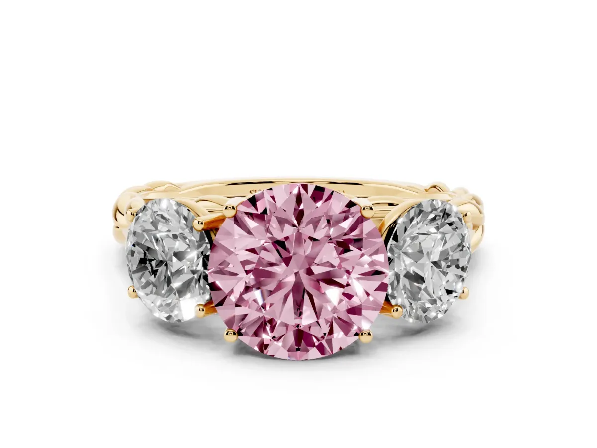 Fancy Pink Three-Stone Round Cut Diamond Braided Band Ring with Four-Prong Setting Yellow gold