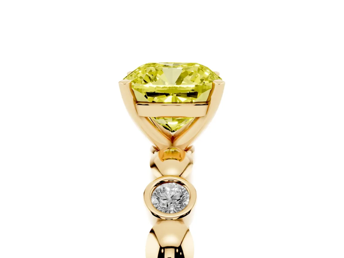 Fancy Yellow Cushion Cut Solitaire Bezel-Set Diamond Ring with Beaded Band and Four-Prong Setting Yellow gold