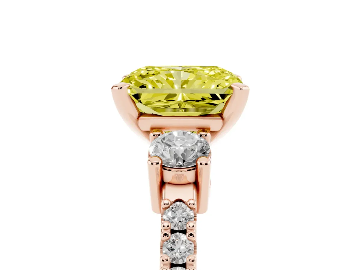 Fancy Yellow Radiant Cut Three-Stone Diamond Pavé Band with Prong Setting Rose gold