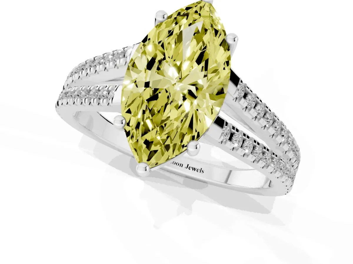 Fancy Yellow Marquise Cut Diamond Solitaire Engagement Ring with Split Shank Pavé Band Silver