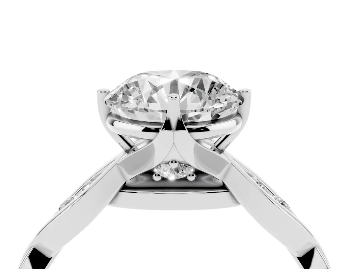 Round Cut Solitaire Twist Band with Leaf Prong Setting Silver