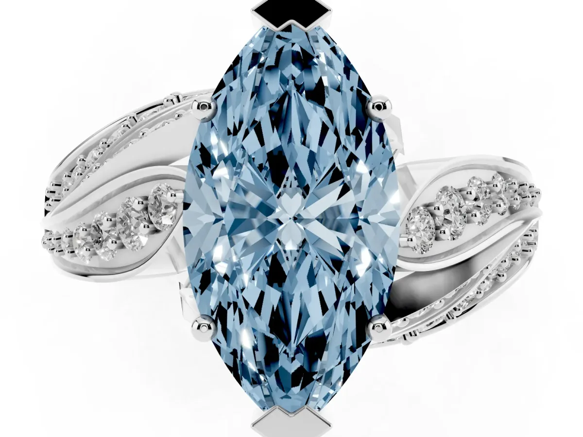 Fancy Blue Marquise Cut Diamond Solitaire Ring with Prong Setting and Twisted Pavé Band Silver