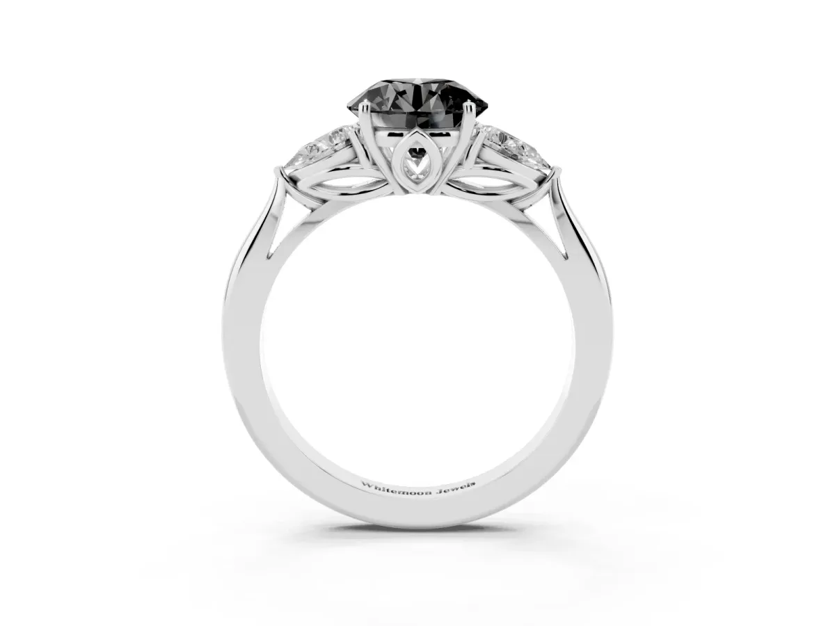 Fancy Black Three-Stone Round Cut Brilliant Diamond Solitaire Ring with Tapered Band and Four-Prong Setting Platinum