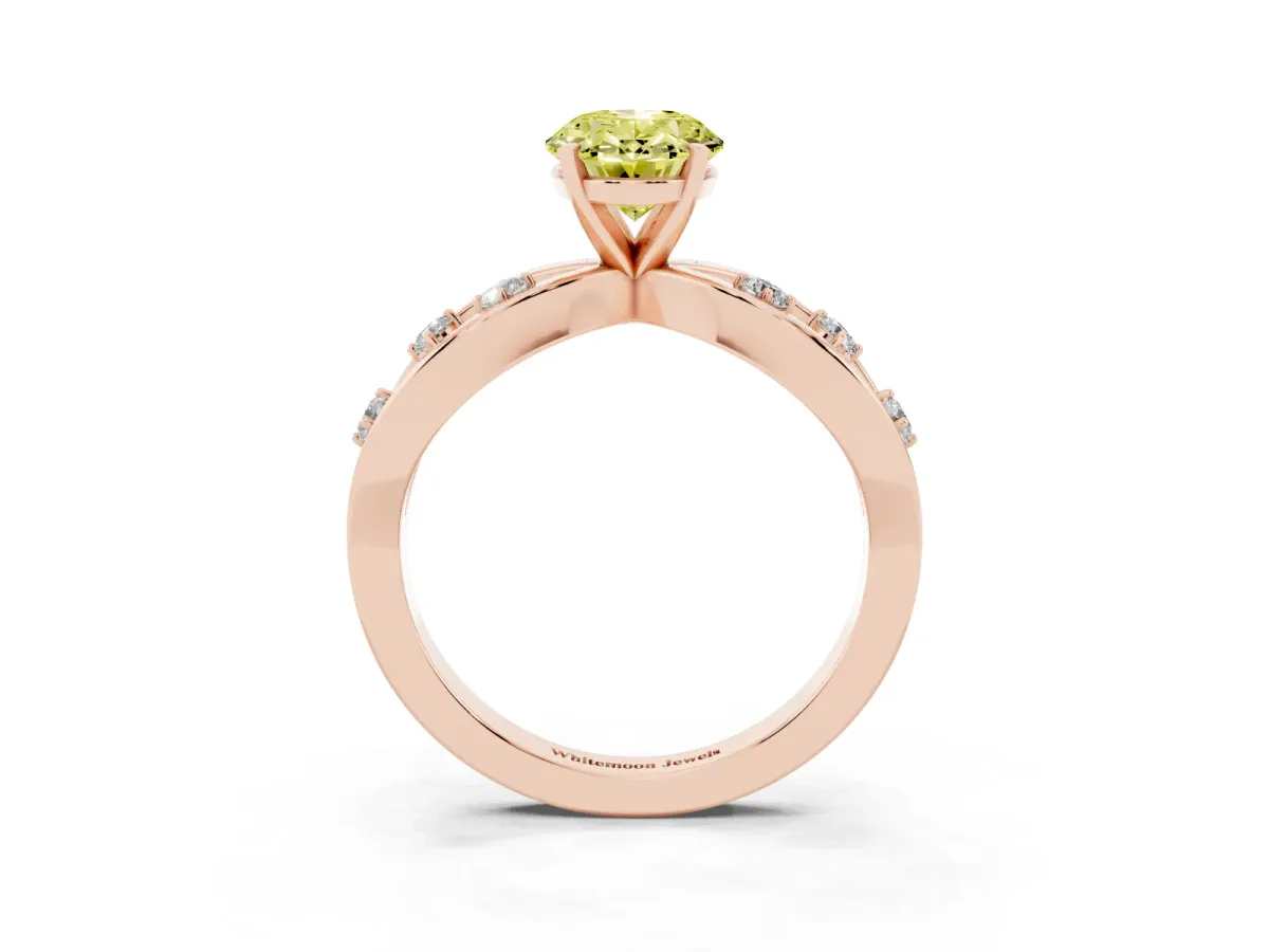 Fancy Yellow Oval Cut Cut Solitaire Diamond with Side Stones on Criss-Cross Band and Four-Prong Setting Rose gold