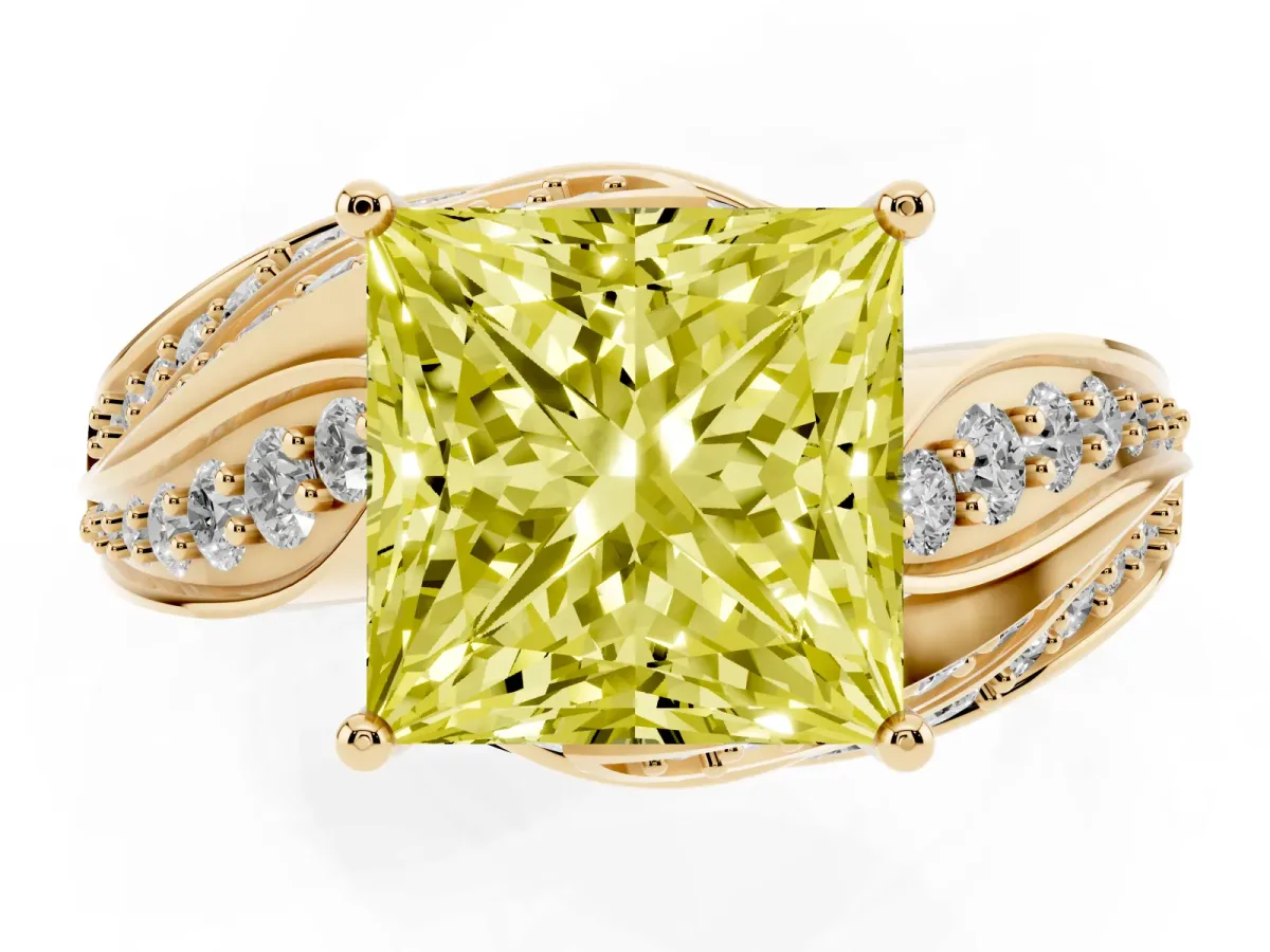 Fancy Yellow Princess Cut Diamond Solitaire Ring with Prong Setting and Twisted Pavé Band Yellow gold