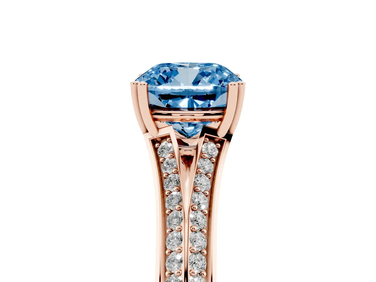Fancy Blue Cushion Cut Diamond Split Shank Engagement Ring with Pavé Band Rose gold