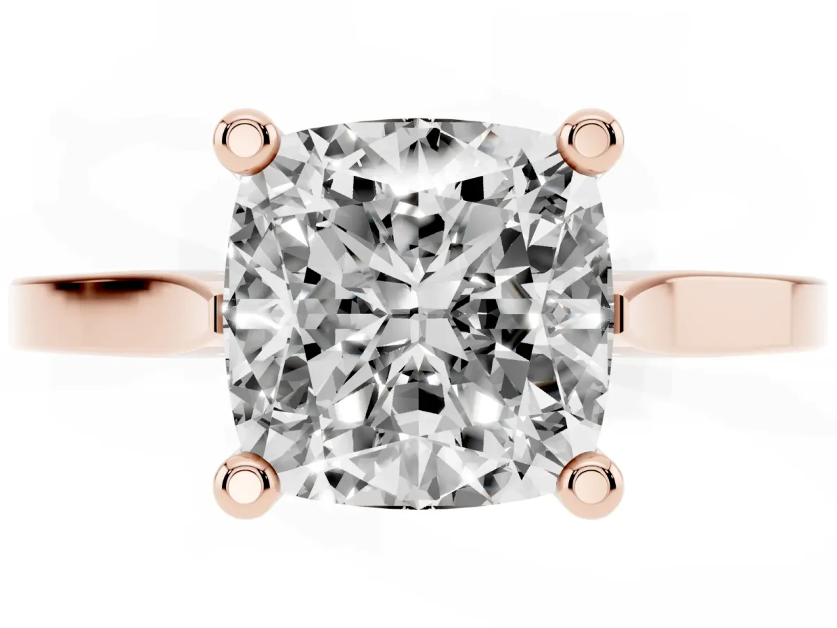 Cushion Cut Solitaire Diamond Ring with Four-Prong Setting and Tapered Band Rose gold