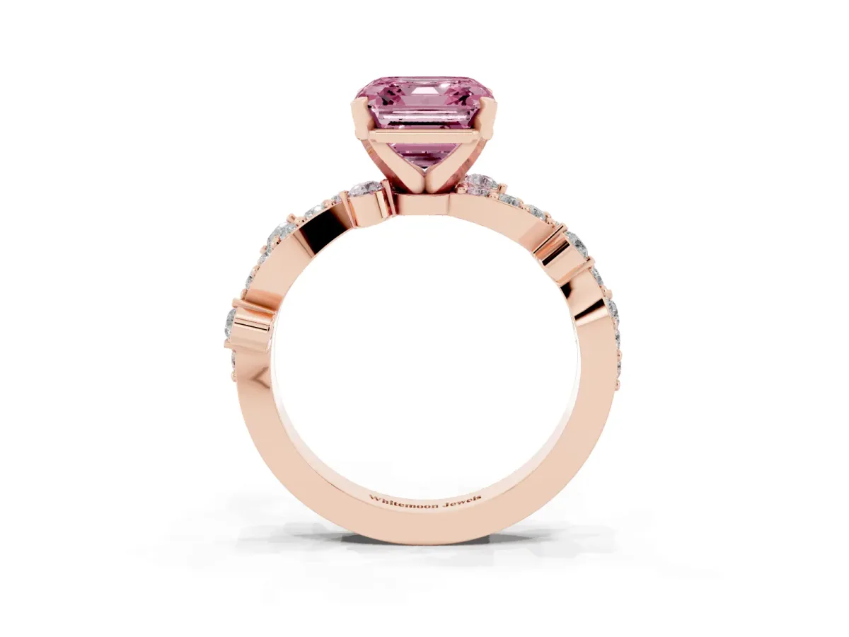 Fancy Pink Asscher Cut Cut Solitaire Diamond Twisted Band with Pave Setting Rose gold