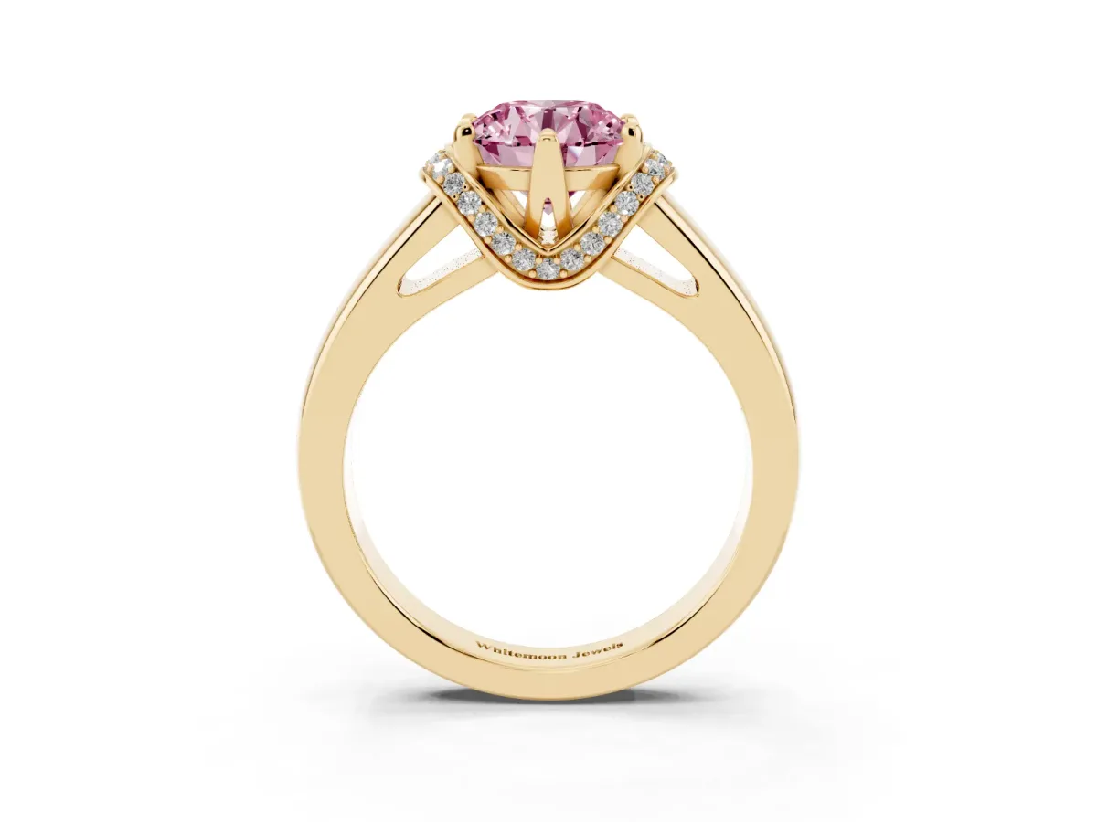 Fancy Pink Round Cut Solitaire Diamond Ring with Pave Band and Six-Prong Setting Yellow gold