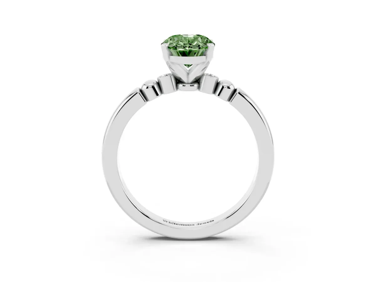 Fancy Green Oval Cut Solitaire Beaded Band with Four-Prong Setting Platinum
