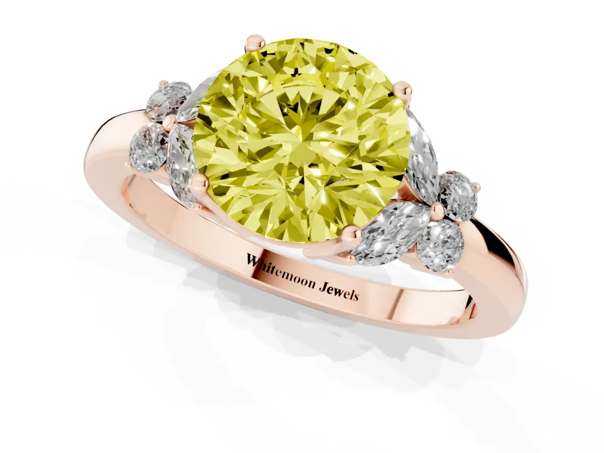 Fancy Yellow Round Cut Cut Solitaire Floral Diamond Ring with Four-Prong Setting Rose gold
