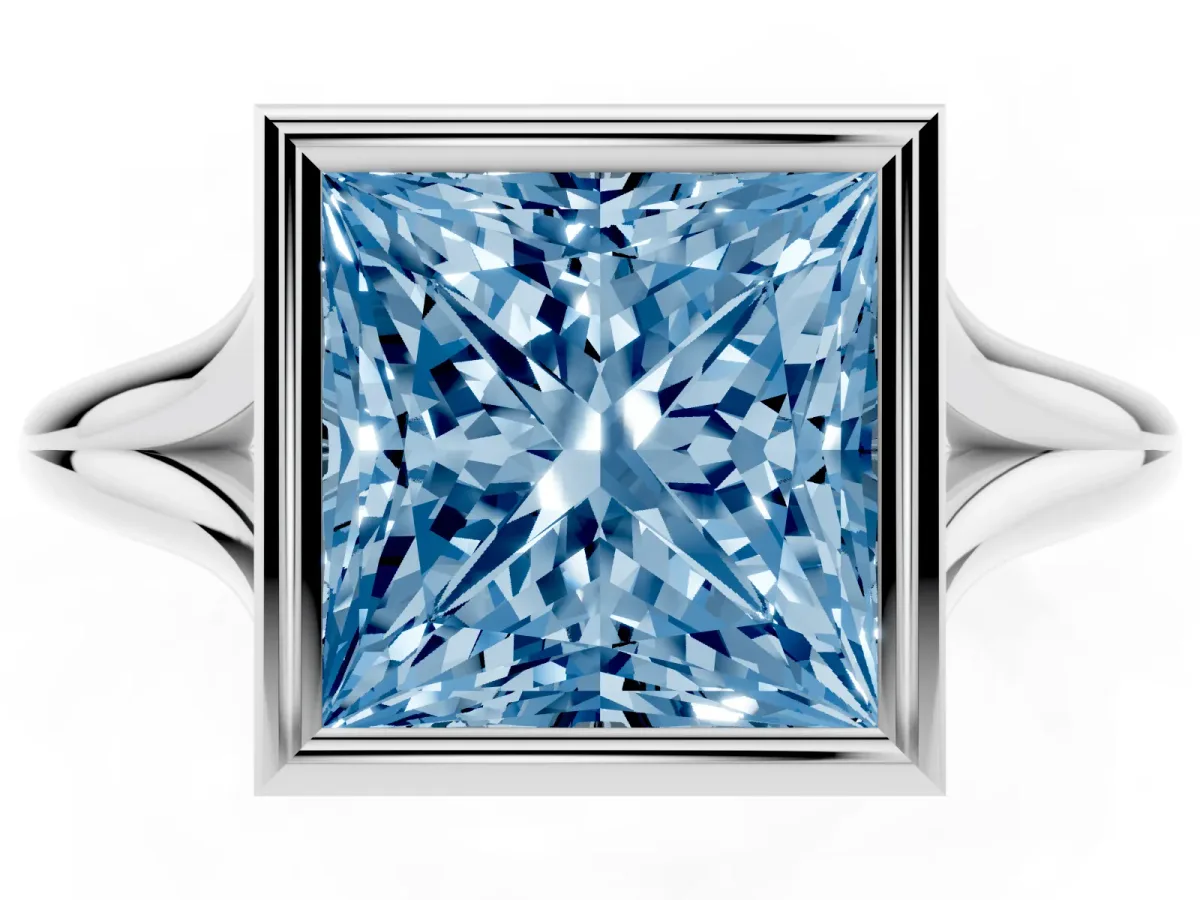 Fancy Blue Bezel Set Princess Cut Cut Solitaire Ring with Tapered Band Silver