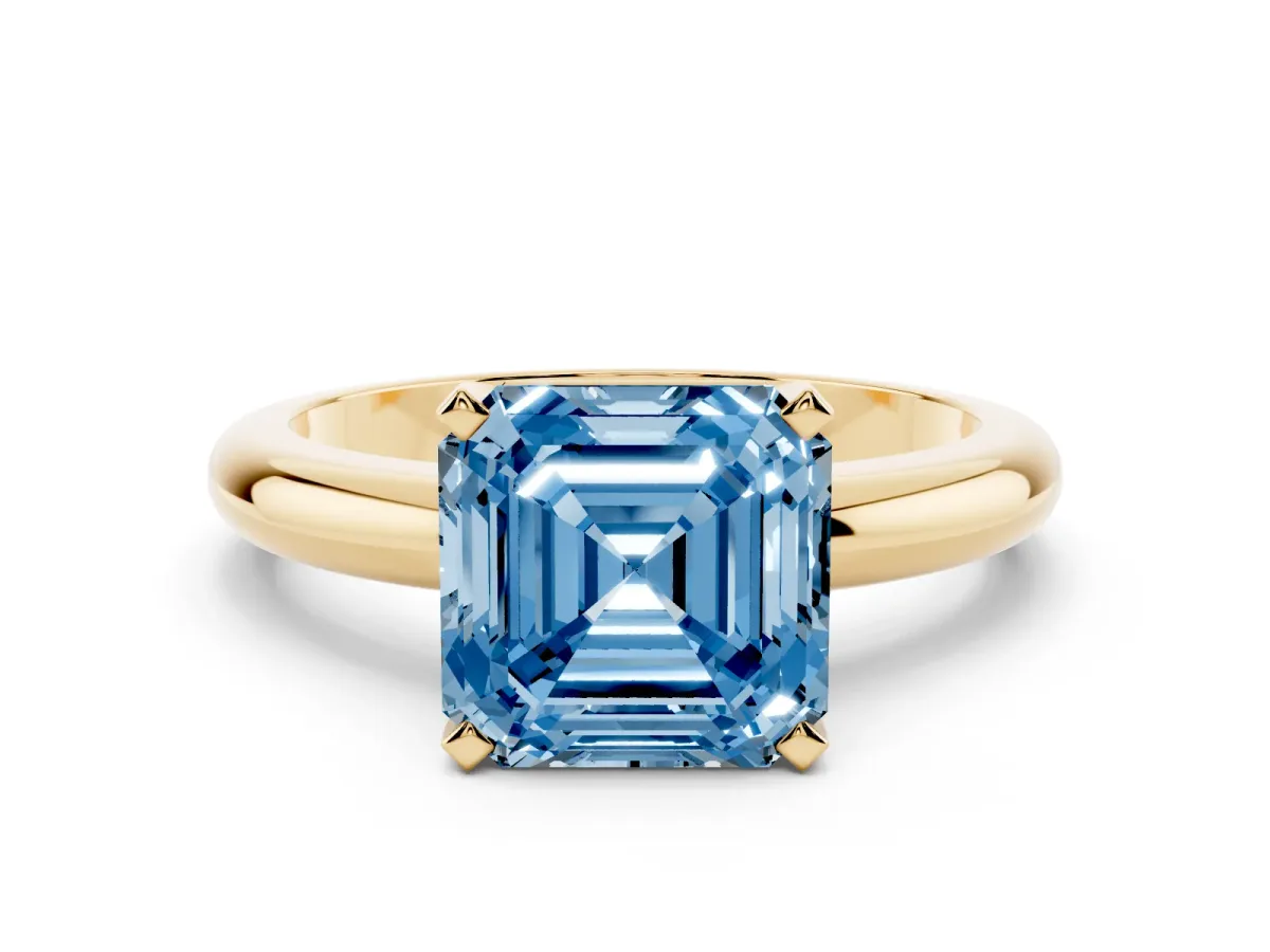 Fancy Blue Asscher Cut Diamond Solitaire Engagement Ring with Round Band and Four-Prong Setting Yellow gold
