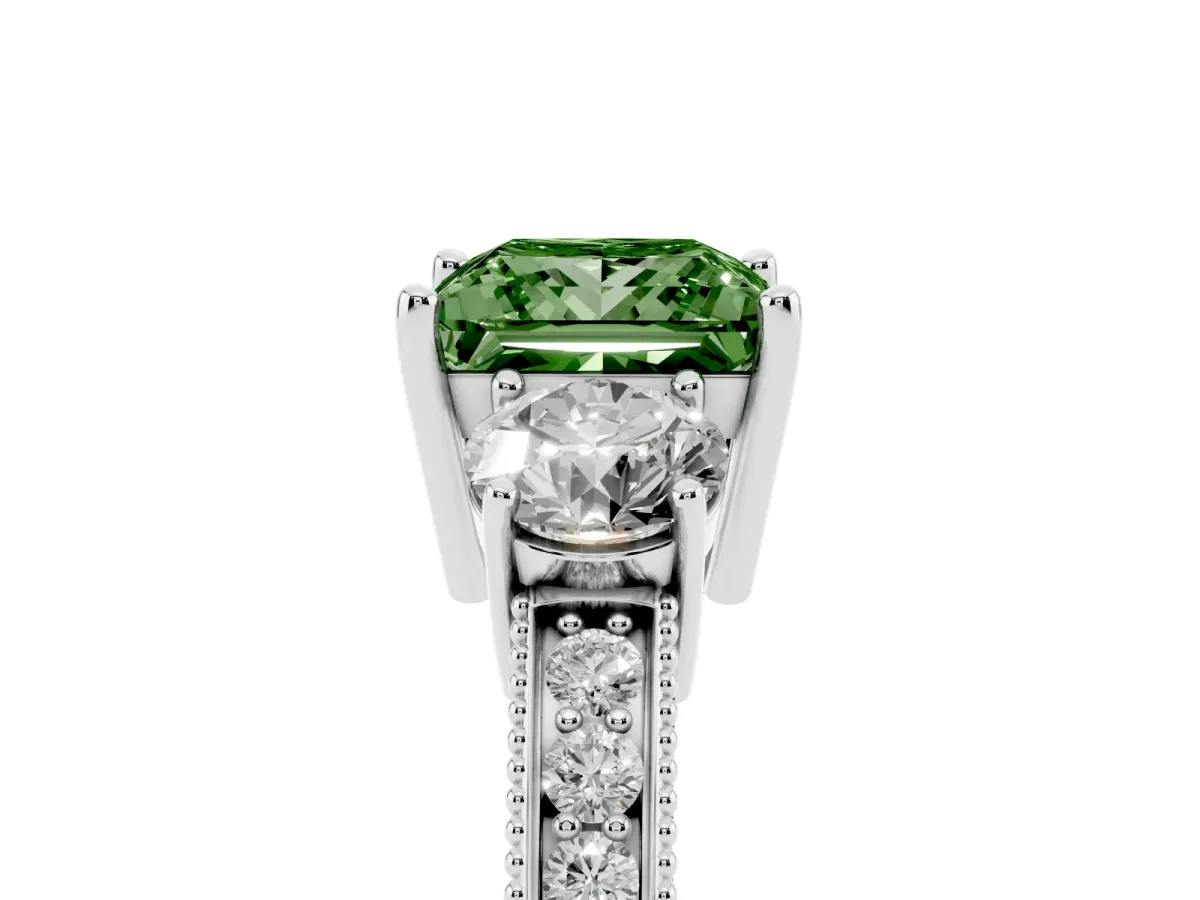 Fancy Green Princess Cut Three-Stone Diamond Ring with Pavé Band and Four-Prong Setting Silver