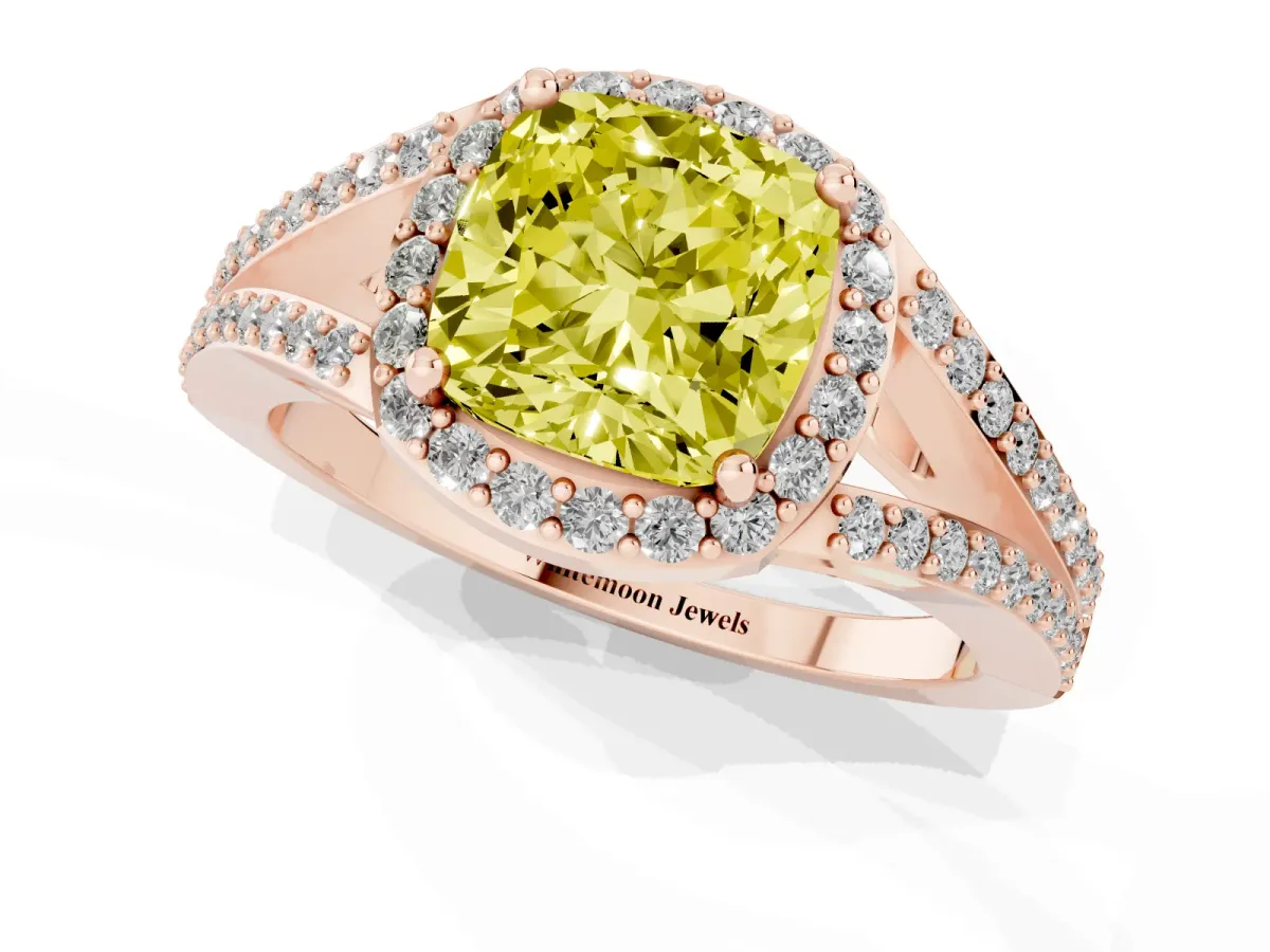 Fancy Yellow Cushion Cut Halo Split Shank Pave Diamond Ring with Four-Prong Setting Rose gold