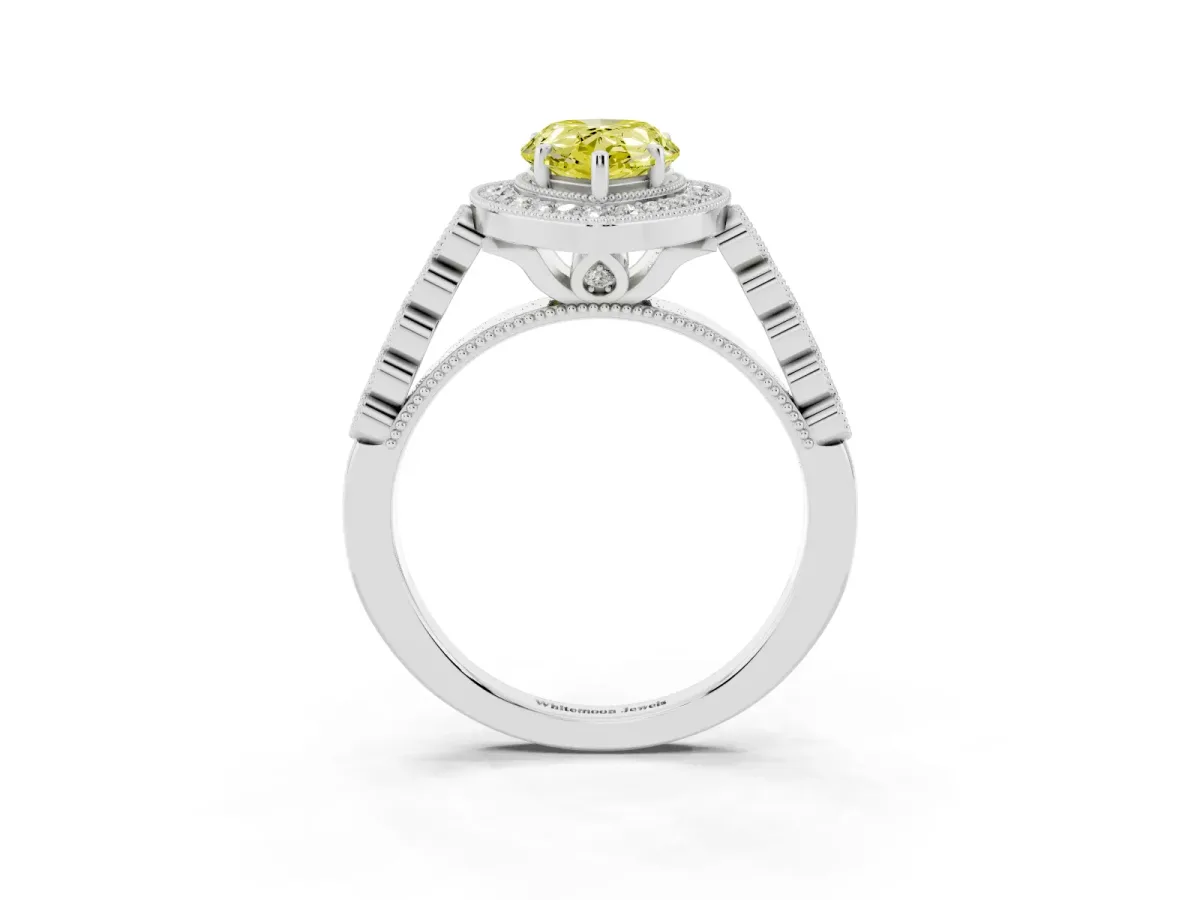 Fancy Yellow Pear Cut Halo Twist Band Solitaire Ring with Six-Prong Setting Silver