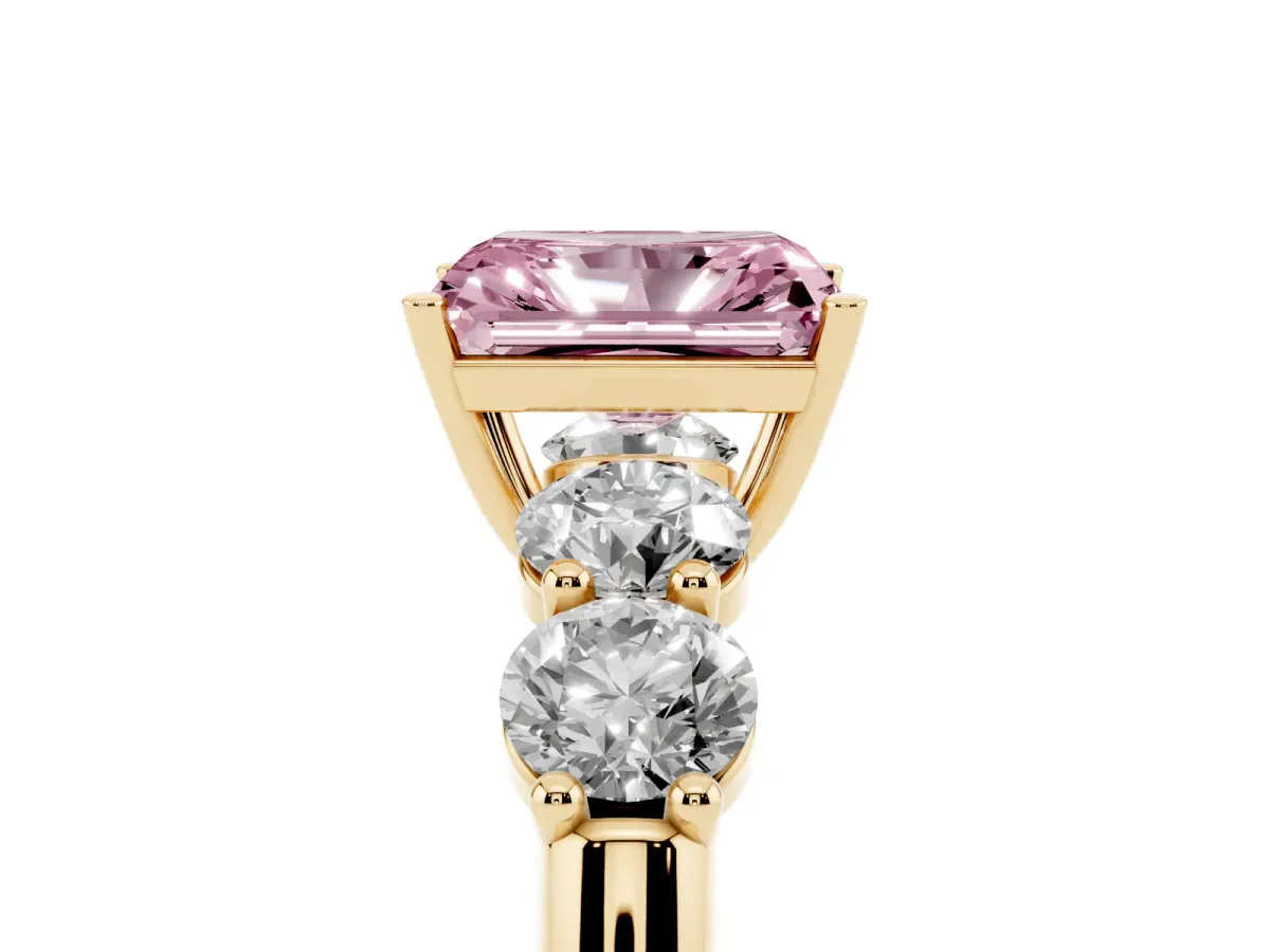 Fancy Pink Radiant Cut Cut Five-Stone Prong Set Diamond Ring with Classic Band Yellow gold