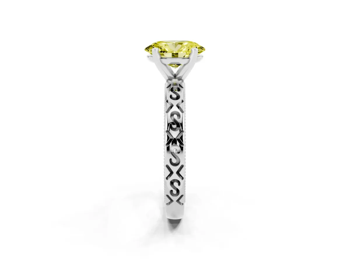 Fancy Yellow Oval Cut Solitaire Engagement Ring with Scrollwork Band and Four-Prong Setting Silver