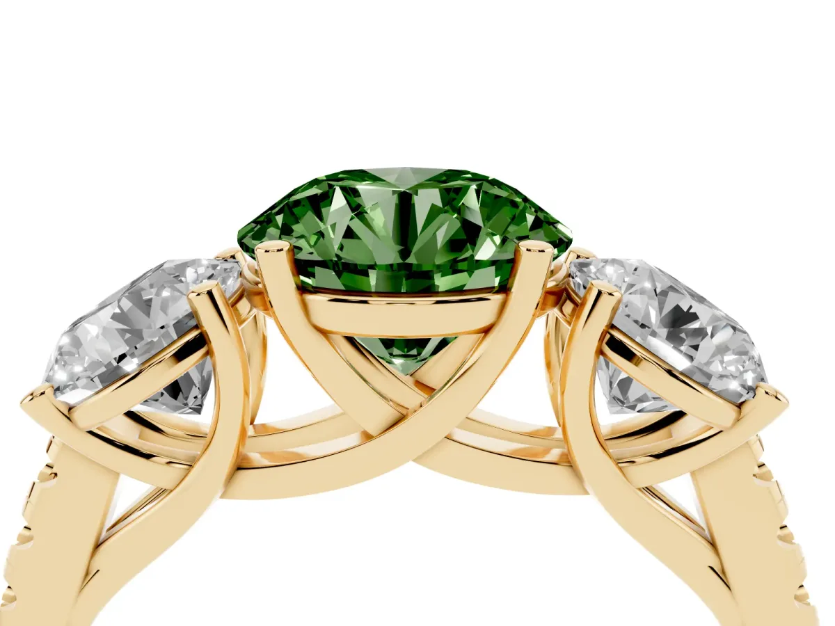 Fancy Green Three-Stone Round Cut Diamond Ring with Round Pavé Band and Prong Setting Yellow gold