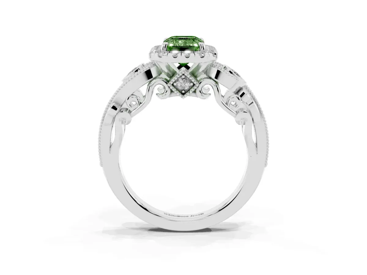 Fancy Green Emerald Cut Diamond Halo Ring with Milgrain Pavé Band and Four-Prong Setting Platinum