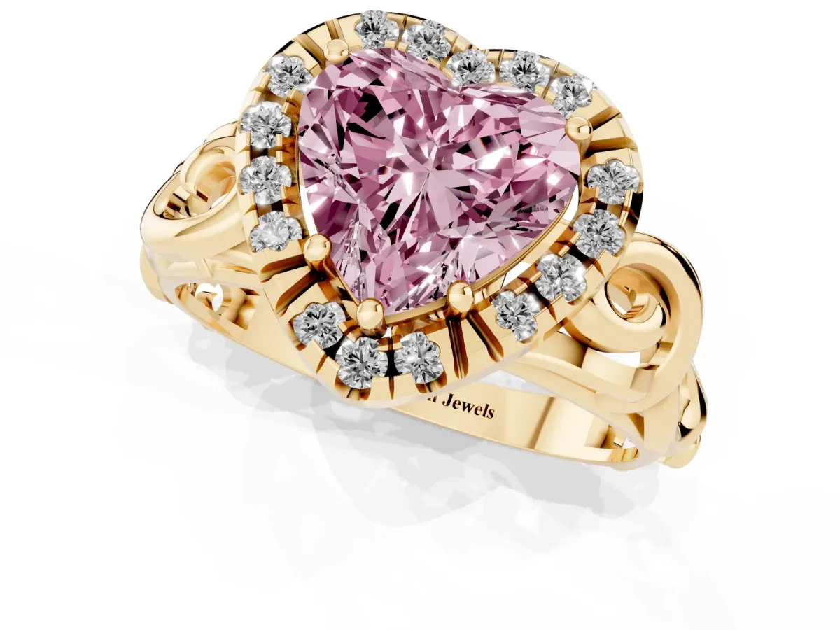 Fancy Pink Heart Cut Cut Halo Diamond Ring with Scrollwork Band and Four-Prong Setting Yellow gold