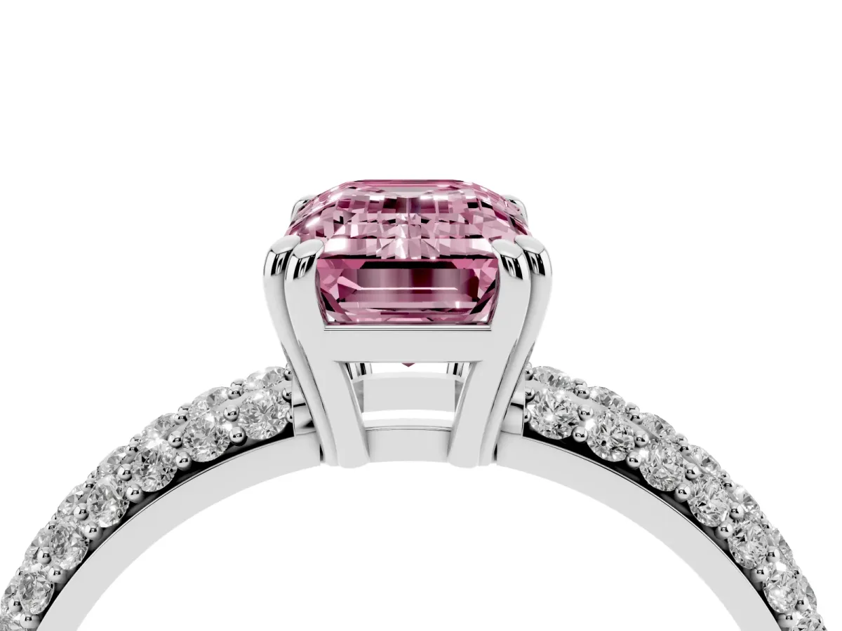 Fancy Pink Emerald Cut Diamond Solitaire Ring with Multi-Row Round Pavé Band and Prong Setting Silver