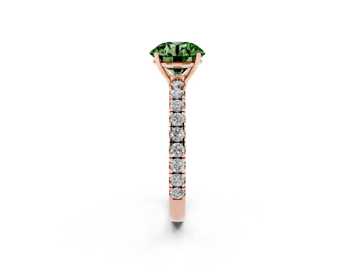 Fancy Green Round Cut Diamond Pavé Solitaire Engagement Ring with Four-Prong Setting Rose gold