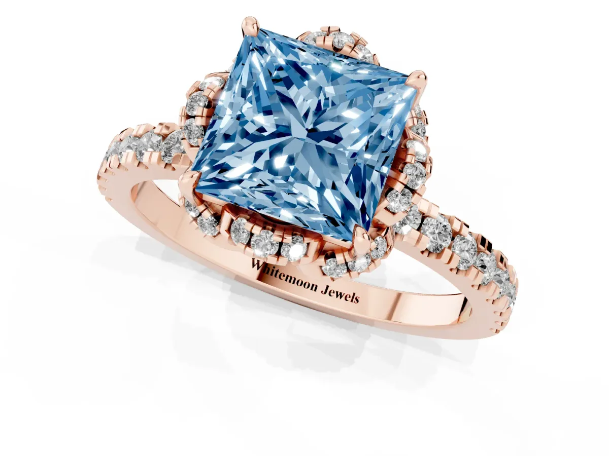 Fancy Blue Princess Cut Halo Diamond Pave Band Ring with Four-Prong Setting Rose gold